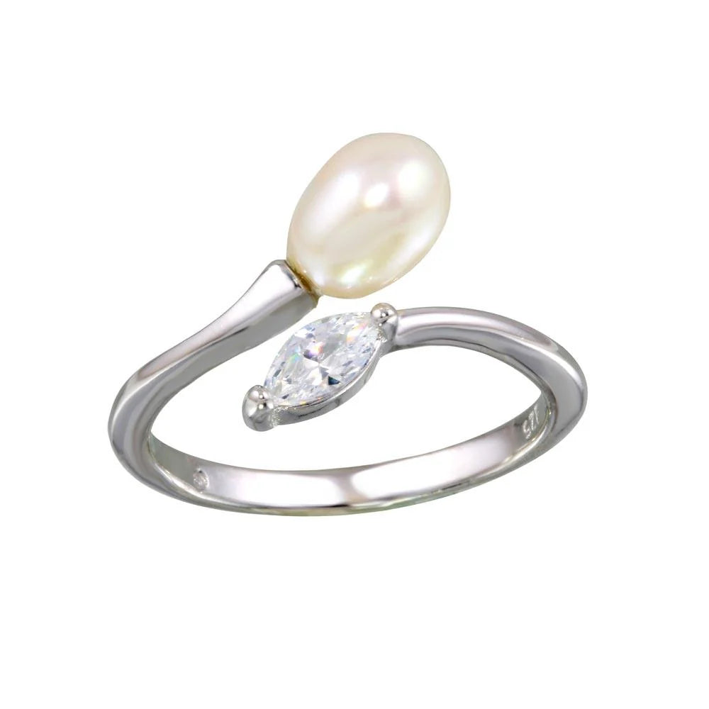 925 Sterling Silver Rhodium Plated Ring with Pearl and CZ