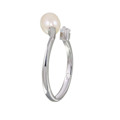 925 Sterling Silver Rhodium Plated Ring with Pearl and CZ