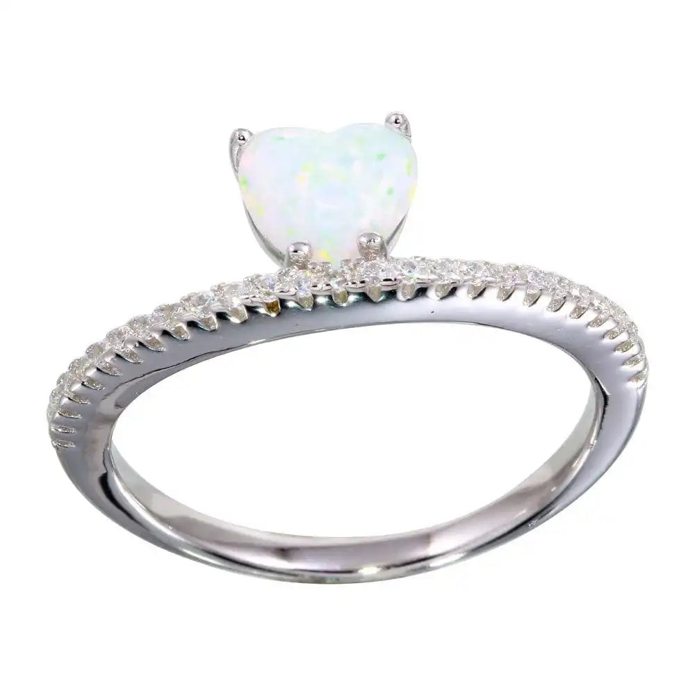 925 Sterling Silver Rhodium Plated Semi Eternity Band with Opal Heart Ring