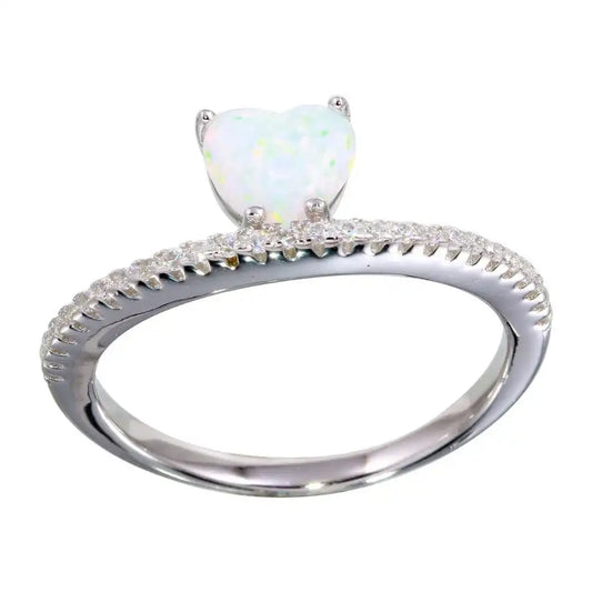 925 Sterling Silver Rhodium Plated Semi Eternity Band with Opal Heart Ring