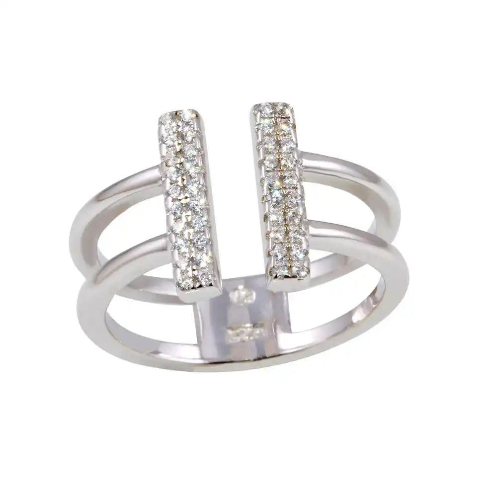 925 Sterling Silver Rhodium Plated CZ Bar Open Ring