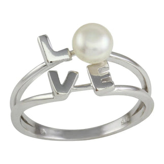 925 Sterling Silver Rhodium Plated Love Word Ring with Synthetic Pearl