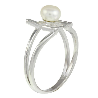 925 Sterling Silver Rhodium Plated Love Word Ring with Synthetic Pearl