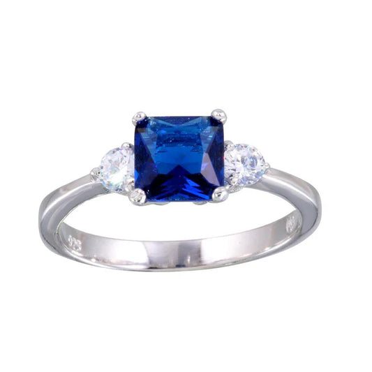 925 Sterling Silver Rhodium Plated Blue CZ Center Stone Ring