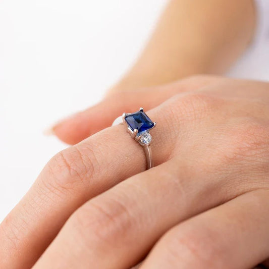 925 Sterling Silver Rhodium Plated Blue CZ Center Stone Ring