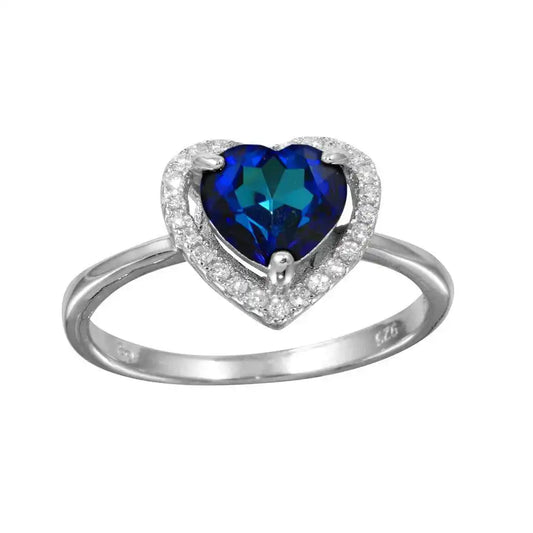 925 Sterling Silver Rhodium Plated Blue Halo Heart Ring