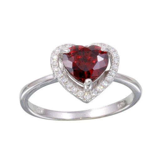 925 Sterling Silver Rhodium Plated Red Halo Heart Ring