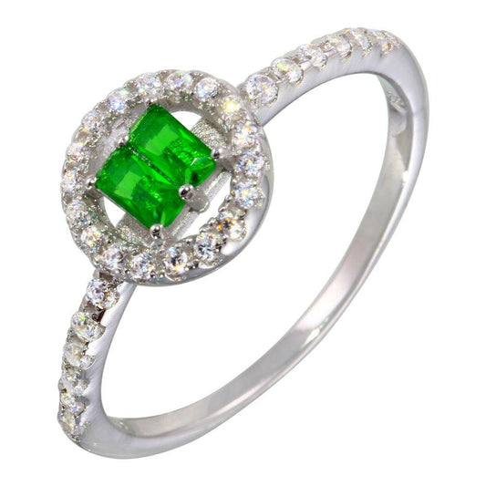 925 Sterling Silver Rhodium Plated Green Stone Ring with CZ