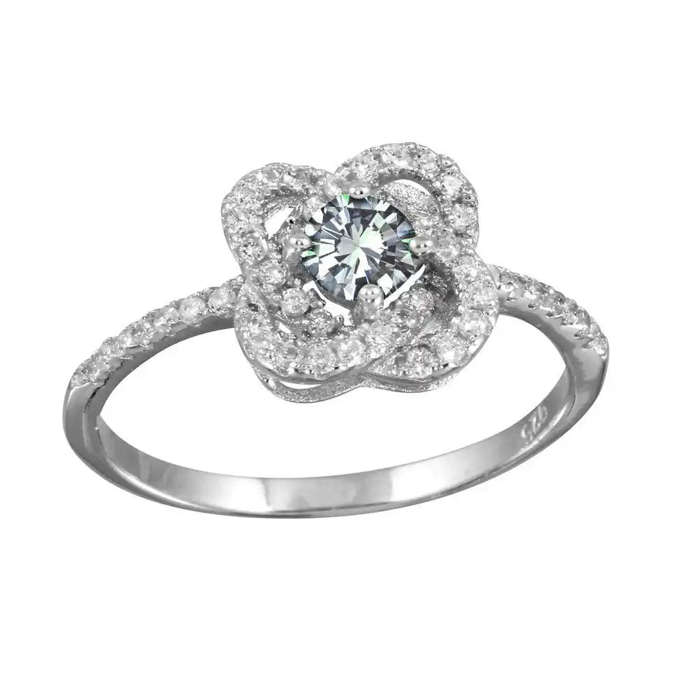 925 Sterling Silver Rhodium Plated CZ Knot Clear Center Stone Ring