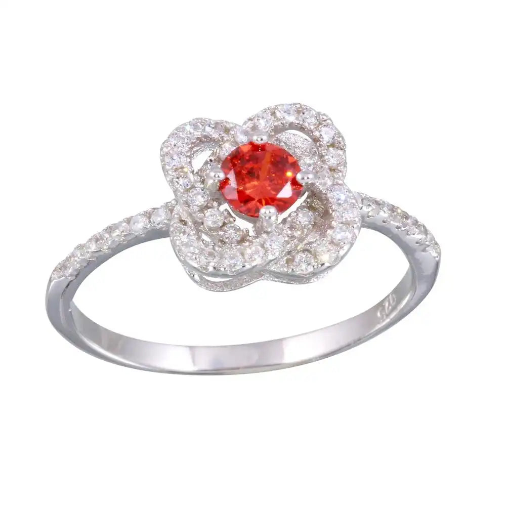 925 Sterling Silver Rhodium Plated CZ Knot Red Center Stone Ring