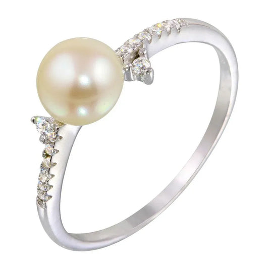 925 Sterling Silver Rhodium Plated White Pearl Ring with CZ