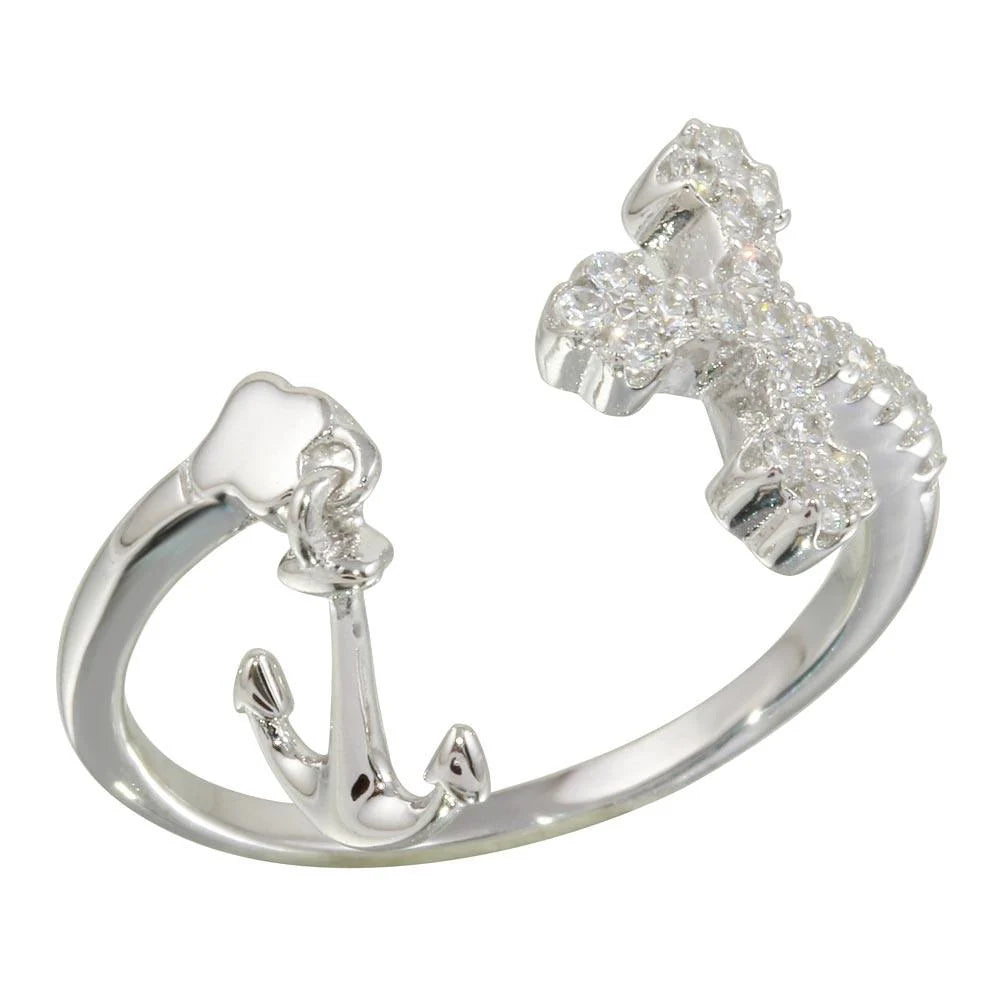 925 Sterling Silver Rhodium Plated Open Cross and Anchor Ring with CZ