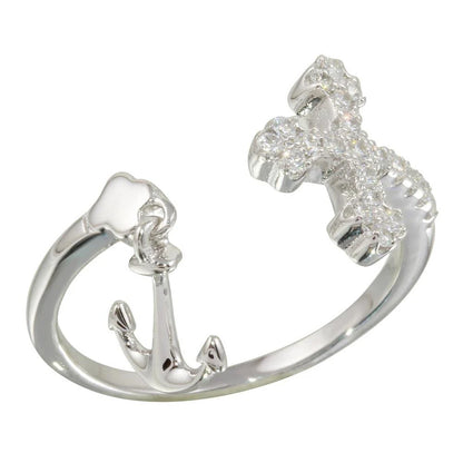 925 Sterling Silver Rhodium Plated Open Cross and Anchor Ring with CZ