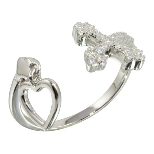 925 Sterling Silver Rhodium Plated Open Heart and Cross Ring with CZ
