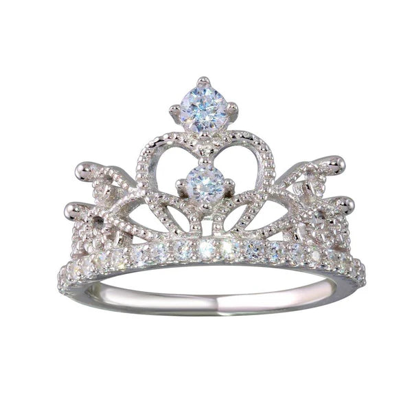 925 Sterling Silver Rhodium Plated Crown Ring with CZ