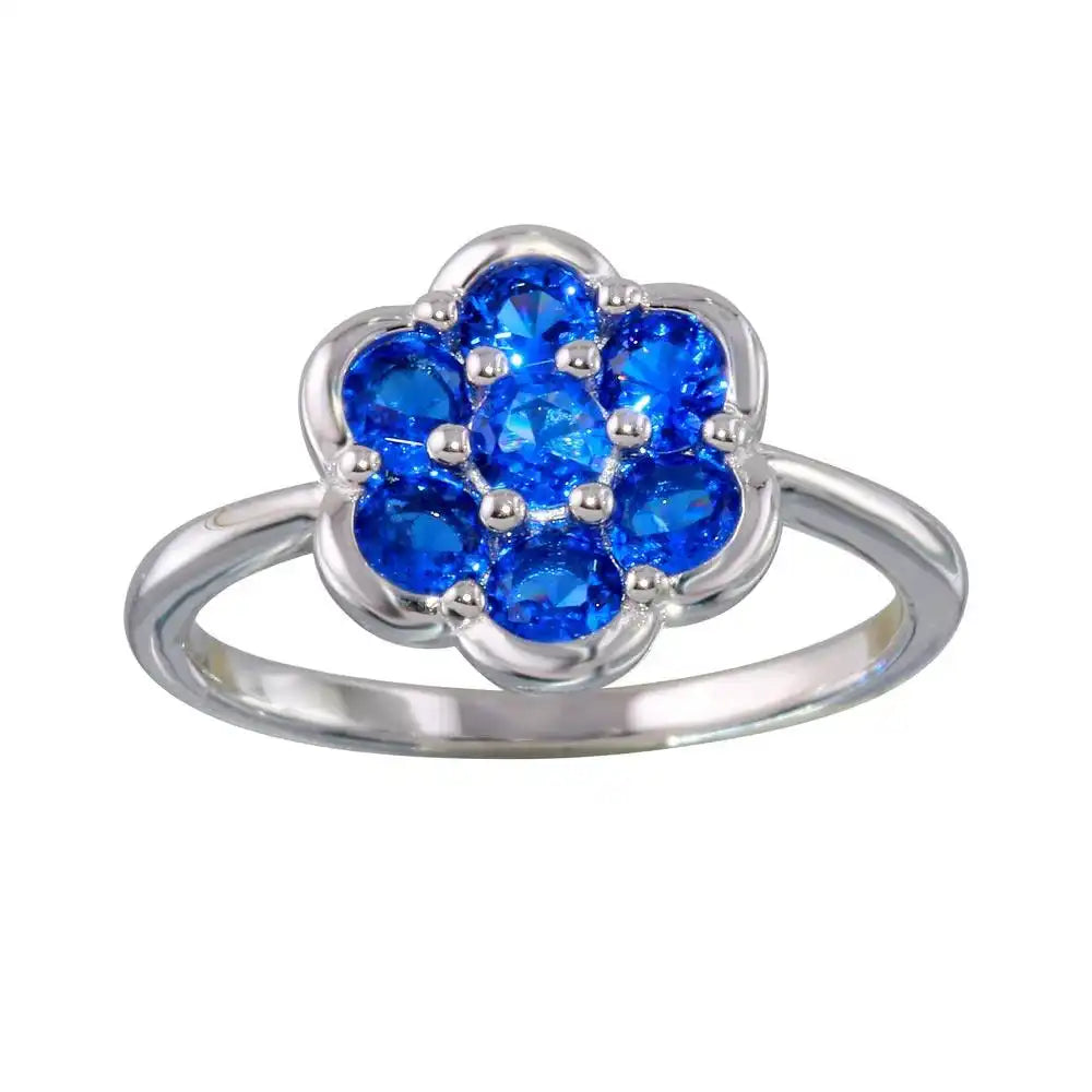 925 Sterling Silver Rhodium Plated Blue CZ Flower Ring