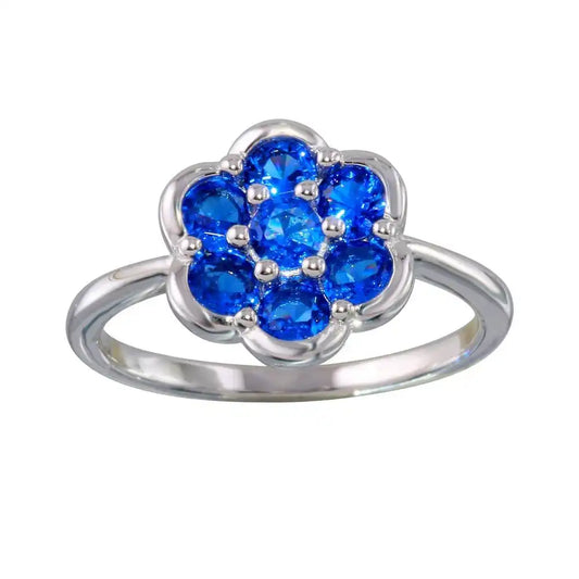 925 Sterling Silver Rhodium Plated Blue CZ Flower Ring