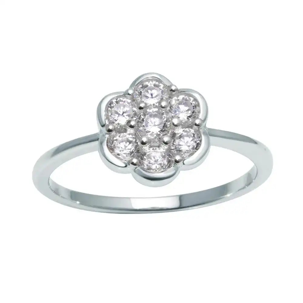 925 Sterling Silver Rhodium Plated Flower Ring with Clear CZ