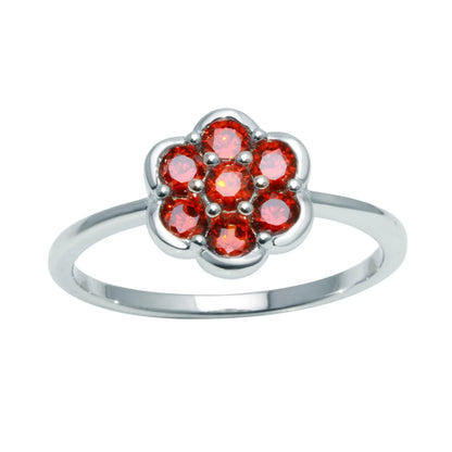 925 Sterling Silver Rhodium Plated Flower Ring with Red CZ