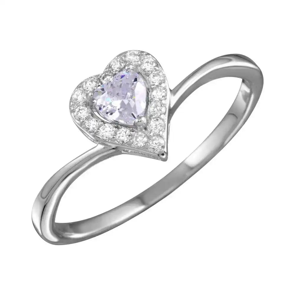 925 Sterling Silver Rhodium Plated Clear Heart Ring with CZ