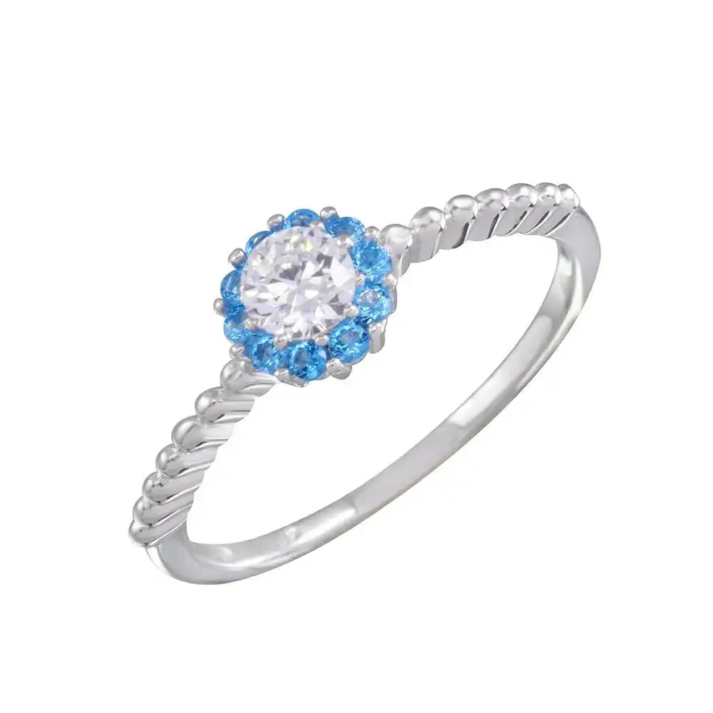 925 Sterling Silver Rhodium Plated Round Blue and Clear CZ Ring
