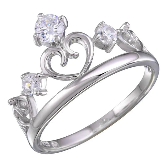 925 Sterling Silver Rhodium Plated Heart Crown Ring with CZ