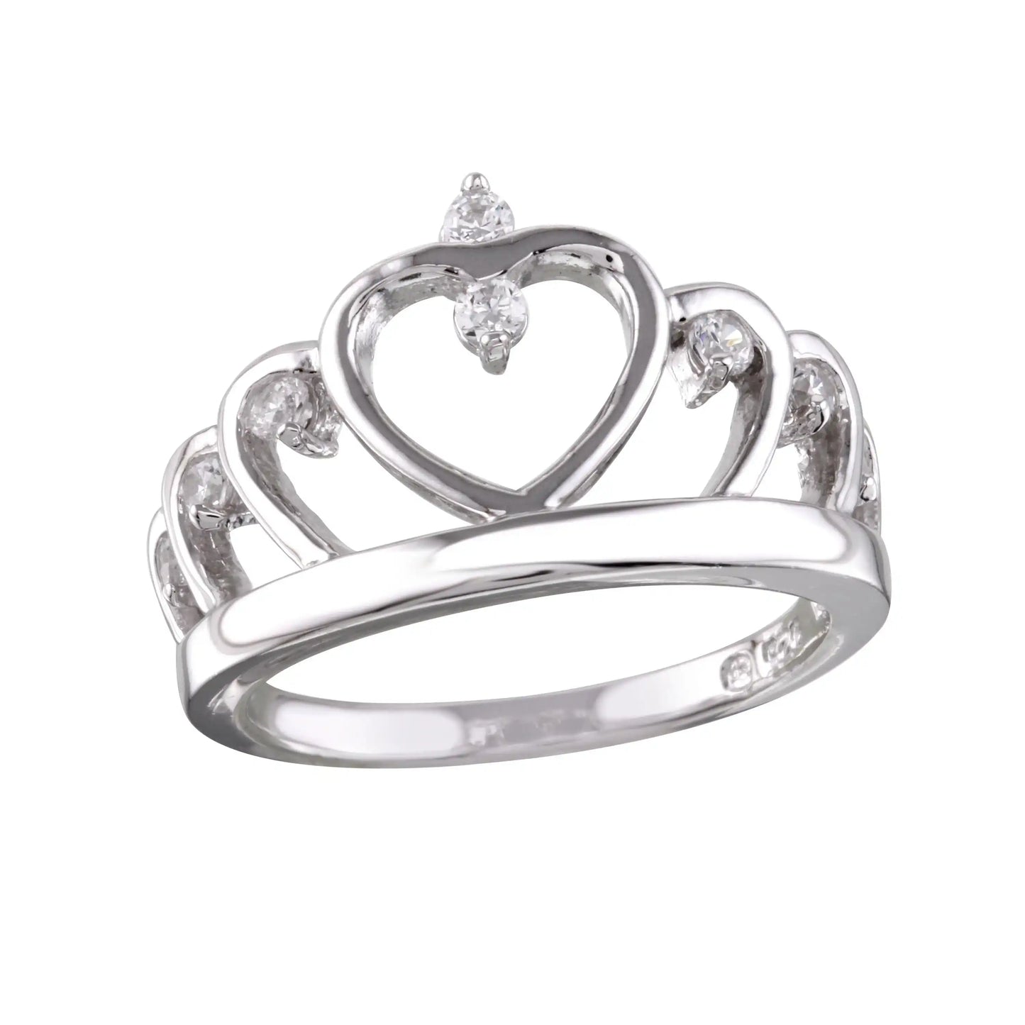925 Sterling Silver Rhodium Plated Heart Crown Ring with CZ
