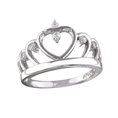 925 Sterling Silver Rhodium Plated Heart Crown Ring with CZ