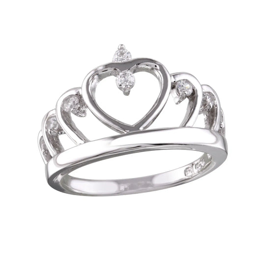 925 Sterling Silver Rhodium Plated Heart Crown Ring with CZ
