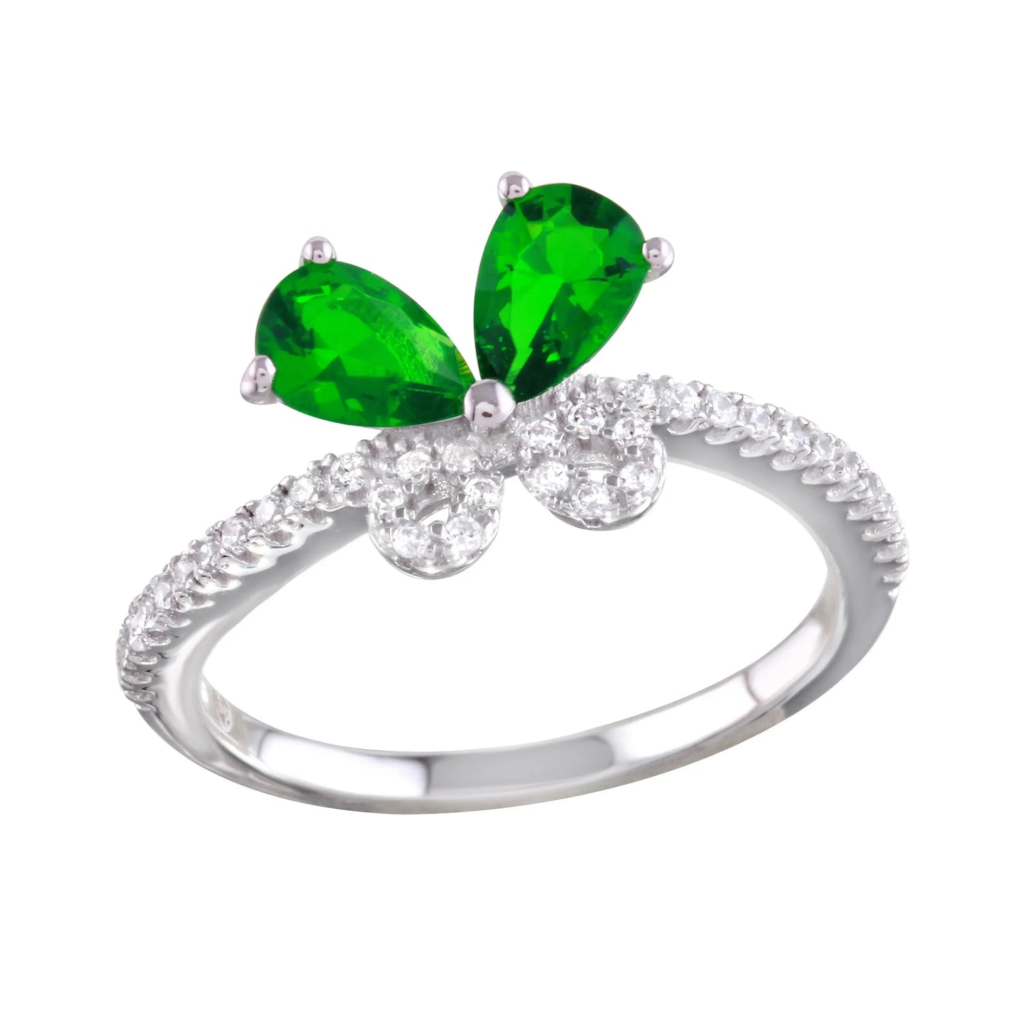 925 Sterling Silver Rhodium Plated Green Butterfly CZ Ring