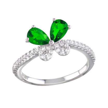925 Sterling Silver Rhodium Plated Green Butterfly CZ Ring