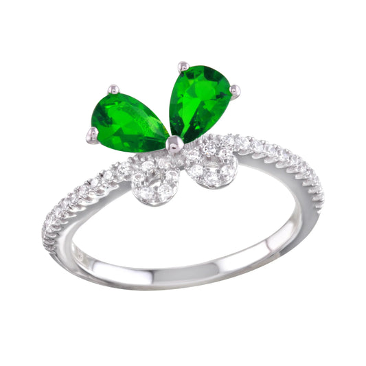925 Sterling Silver Rhodium Plated Green Butterfly CZ Ring