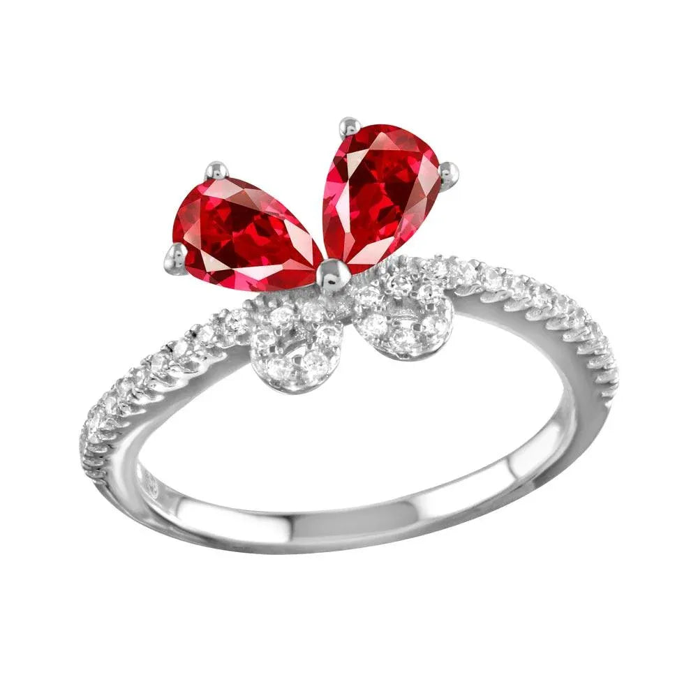 925 Sterling Silver Rhodium Plated Red Butterfly CZ Ring