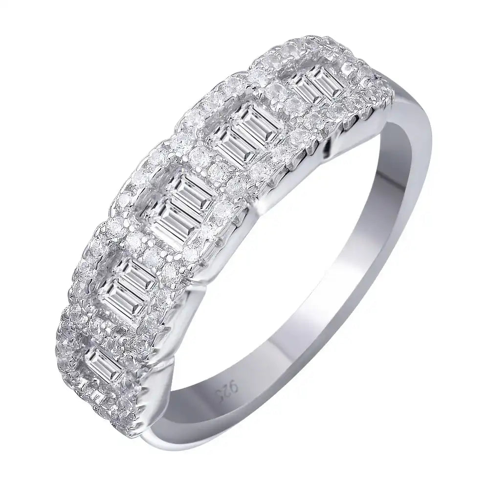 925 Sterling Silver Rhodium Plated 5 Square CZ Stone Ring