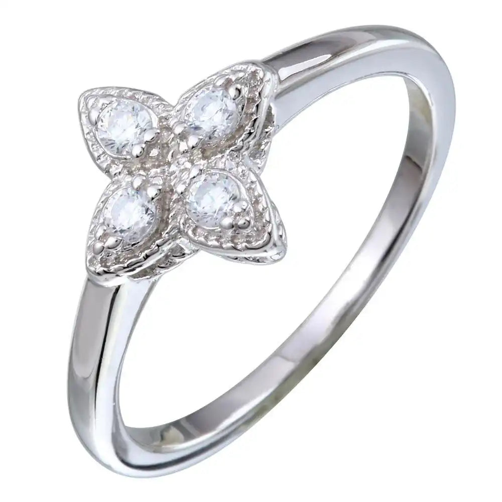 925 Sterling Silver Rhodium Plated 4 Petal CZ Ring Pendant