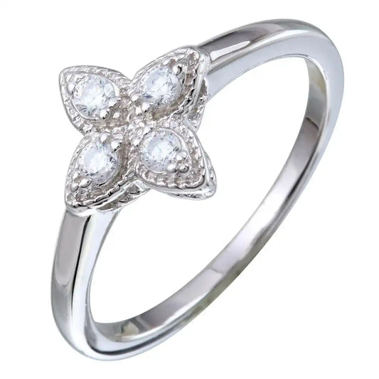 925 Sterling Silver Rhodium Plated 4 Petal CZ Ring Pendant