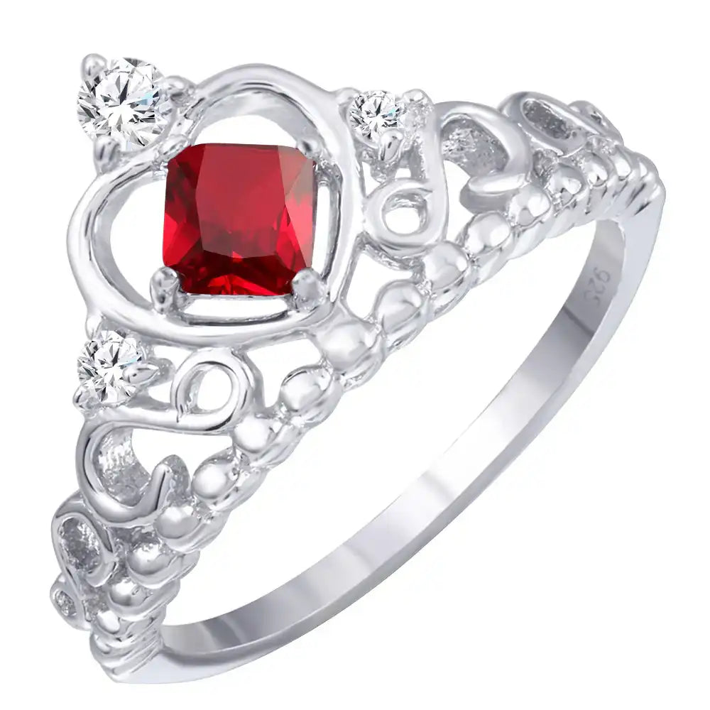 925 Sterling Silver Rhodium Plated Crown Ring with Red and Clear CZ