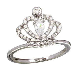 925 Sterling Silver Rhodium Plated Clear CZ Crown Ring