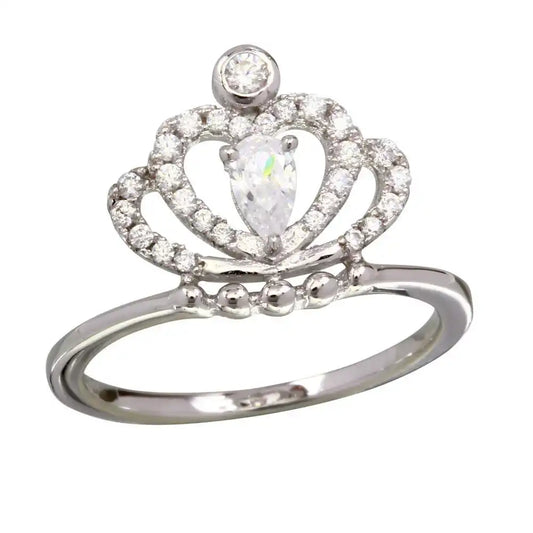 925 Sterling Silver Rhodium Plated Clear CZ Crown Ring