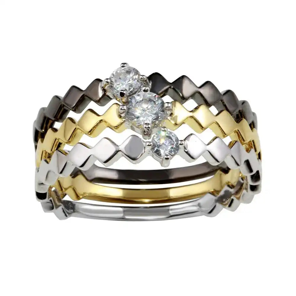 925 Sterling Silver Three-Tone Stackable Ring Set with CZ