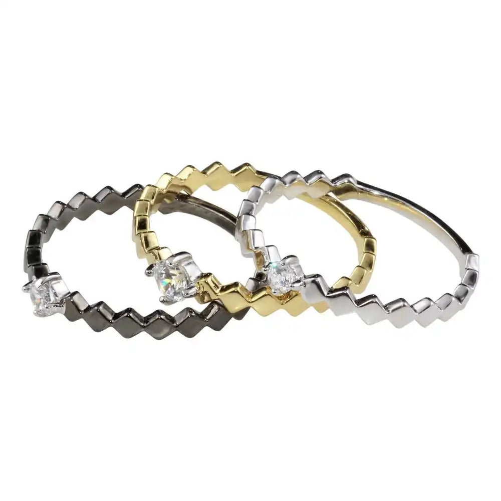 925 Sterling Silver Three-Tone Stackable Ring Set with CZ