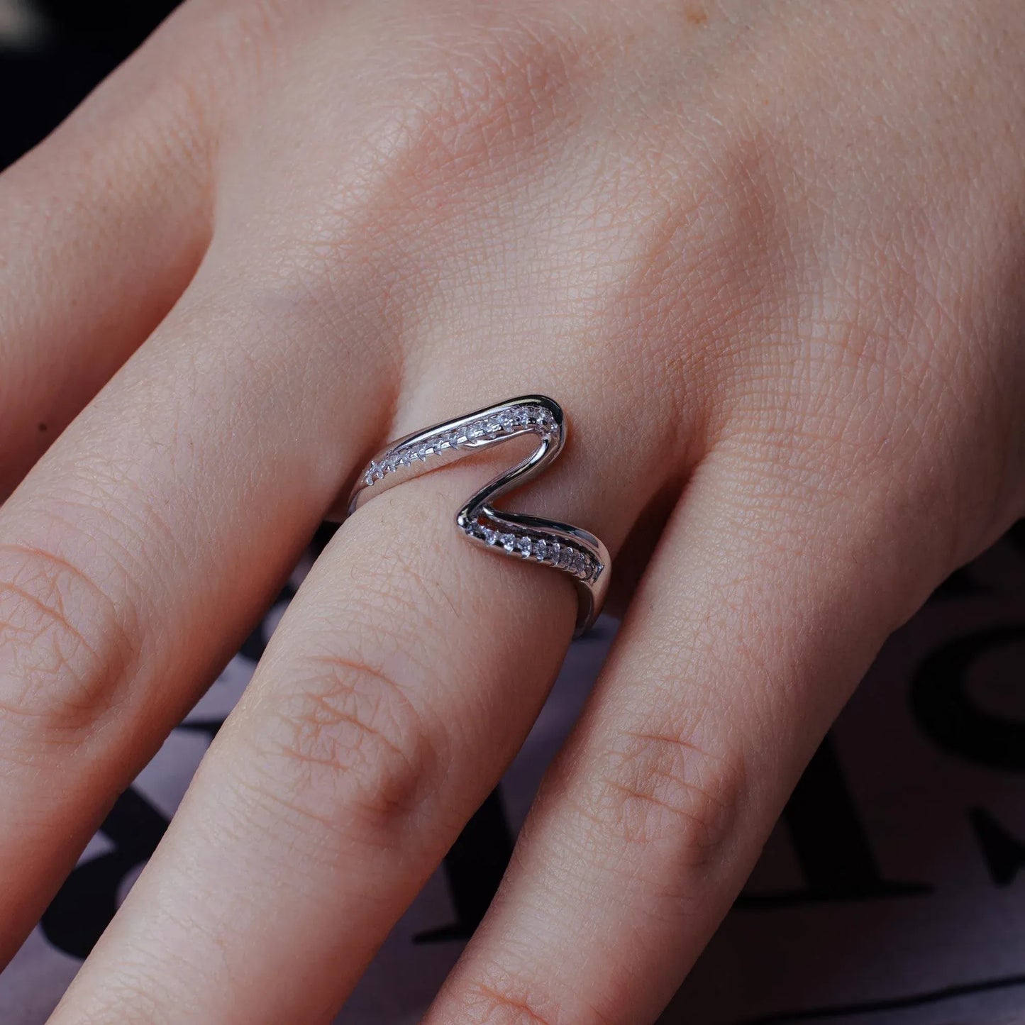925 Sterling Silver Rhodium Plated Double Wave CZ Ring