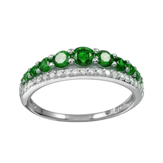 925 Sterling Silver Rhodium Plated Green and Clear CZ Stones Ring