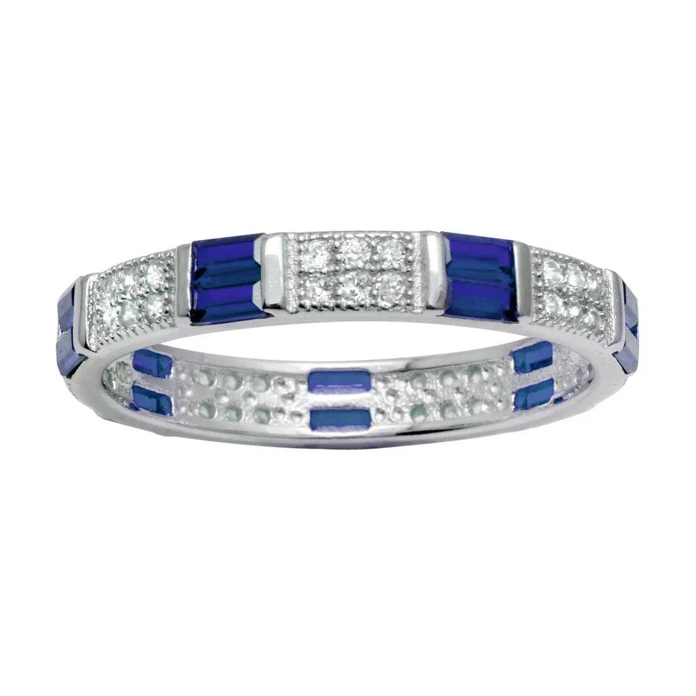 925 Sterling Silver Rhodium Plated Pattern Eternity Ring with Blue and Clear CZ