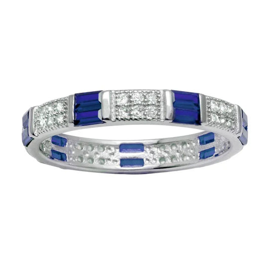 925 Sterling Silver Rhodium Plated Pattern Eternity Ring with Blue and Clear CZ