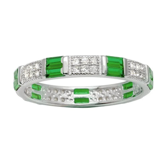 925 Sterling Silver Rhodium Plated Pattern Eternity Ring with Green and Clear CZ
