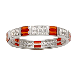 925 Sterling Silver Rhodium Plated Pattern Eternity Ring with Red and Clear CZ