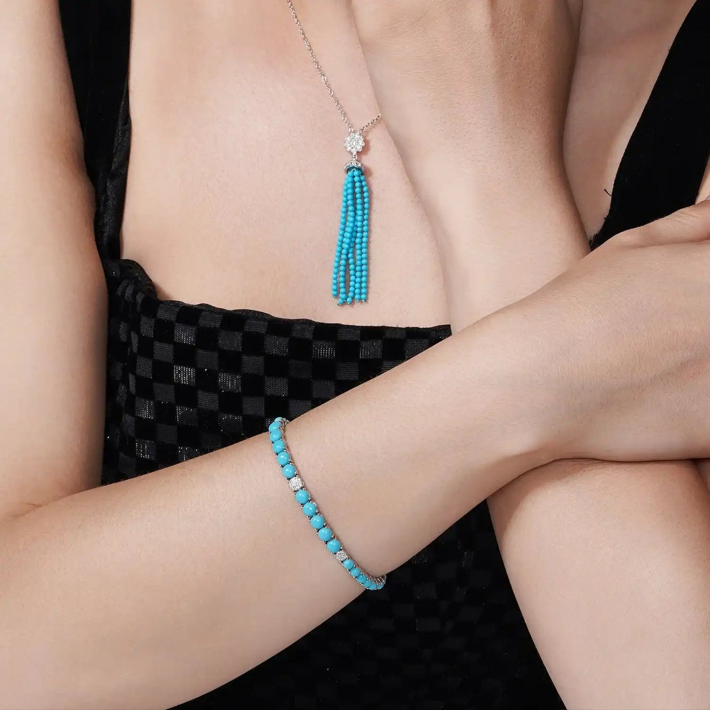 925 Sterling Silver Rhodium Plated Turquoise and Clear CZ 5mm Tennis Bracelet