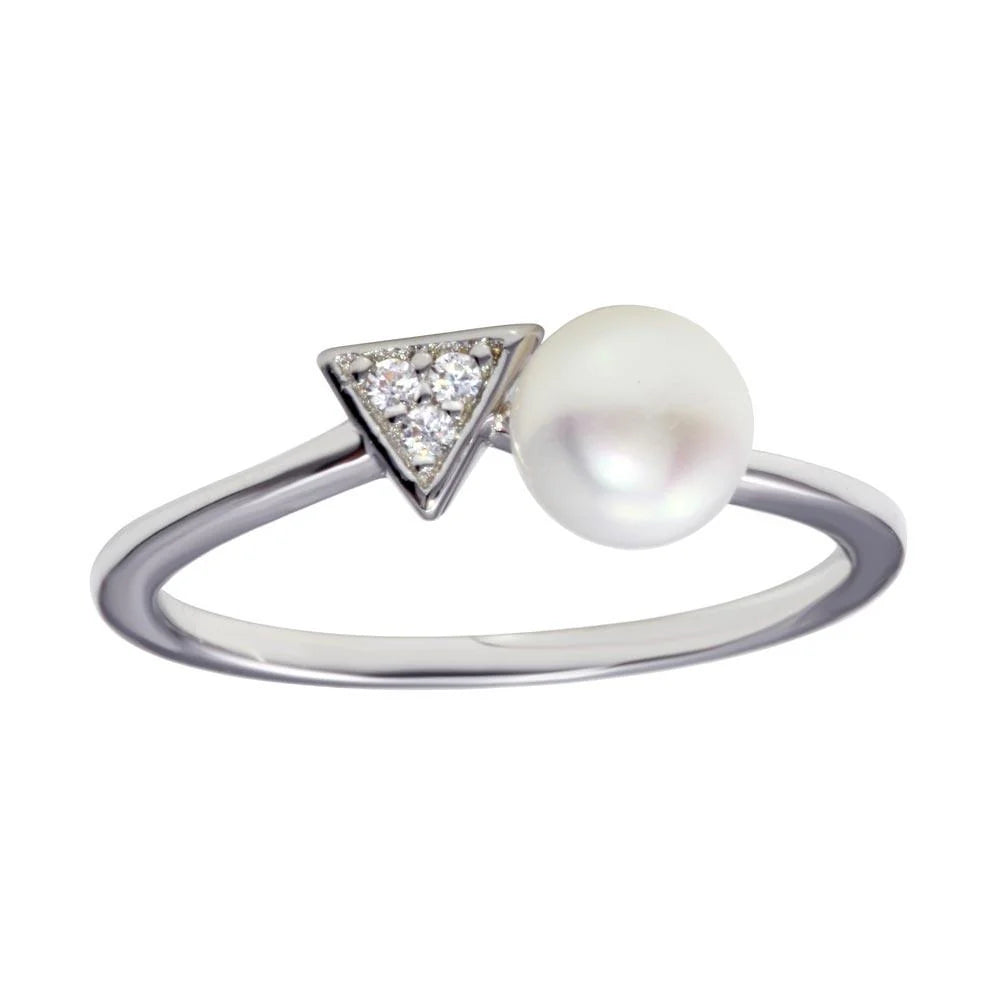 925 Sterling Silver Rhodium Plated CZ and Synthetic Pearl Ring
