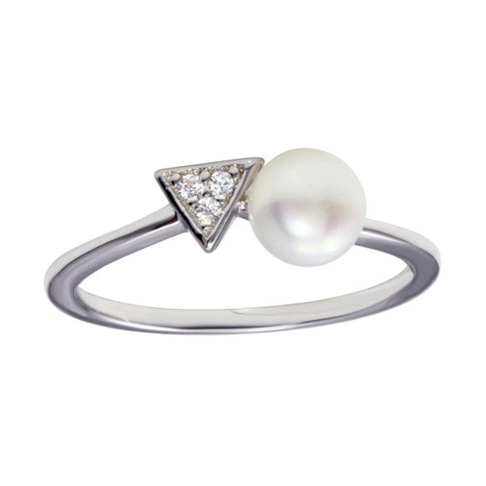 925 Sterling Silver Rhodium Plated CZ and Synthetic Pearl Ring